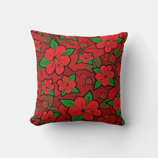 Hibiscus Flowers Red Throw Pillow (Front)