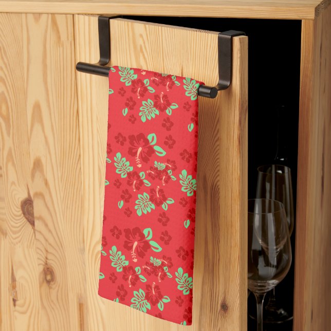 Hibiscus Flowers Red Tropical Pattern Kitchen Towel (Thirds Fold)