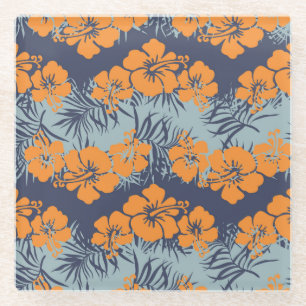 Hibiscus Flowers: Vintage Floral Wallpaper Glass Coaster
