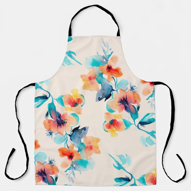 Hibiscus flowers watercolor illustration pattern apron (Front)