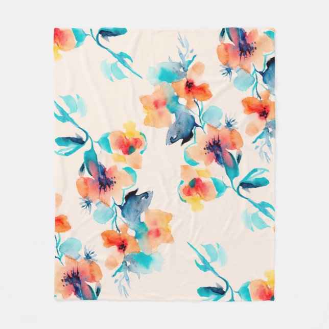 Hibiscus flowers watercolor illustration pattern fleece blanket (Front)