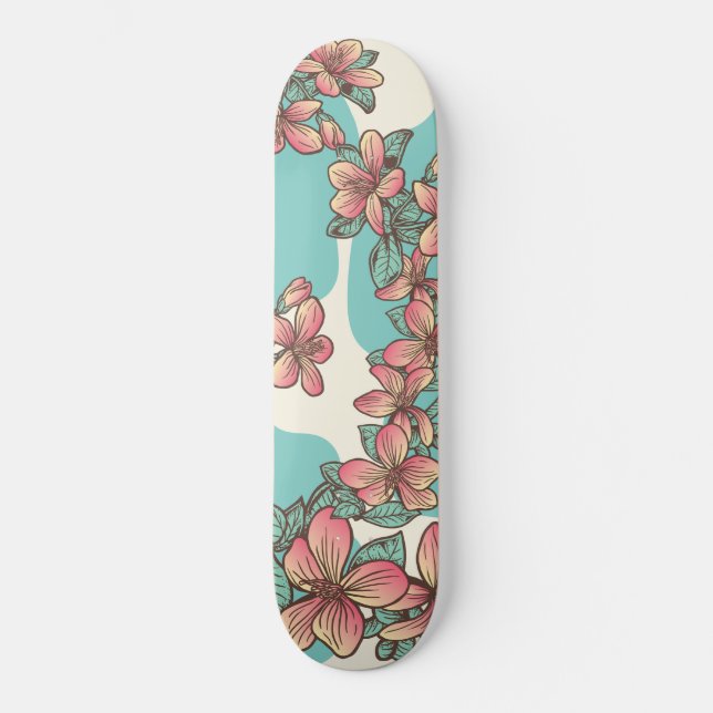Hibiscus hawaiian flowers aqua teal tropical skateboard (Front)