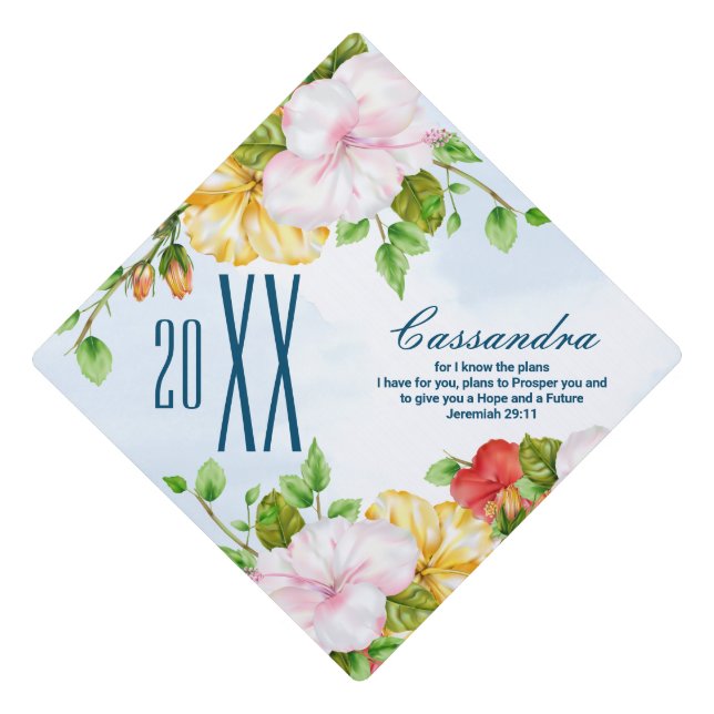 Hibiscus Hawaiian Tropical Floral Graduation Cap Topper (Front)