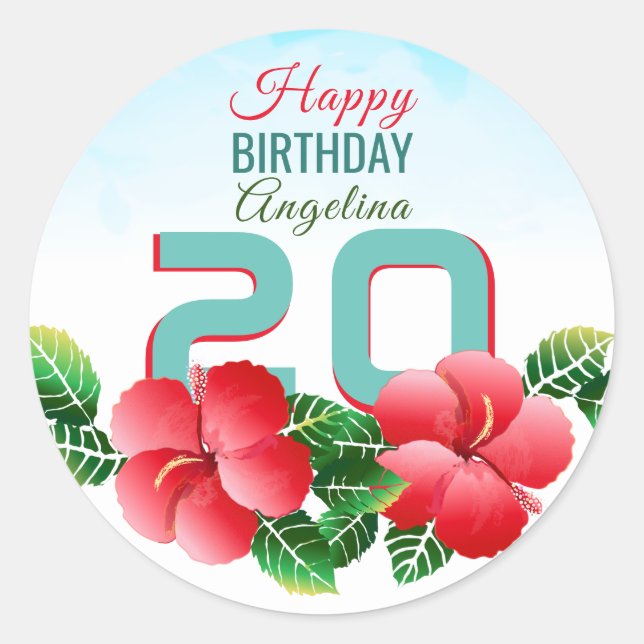 Hibiscus Hawaiian Tropical Personalized Birthday Classic Round Sticker (Front)
