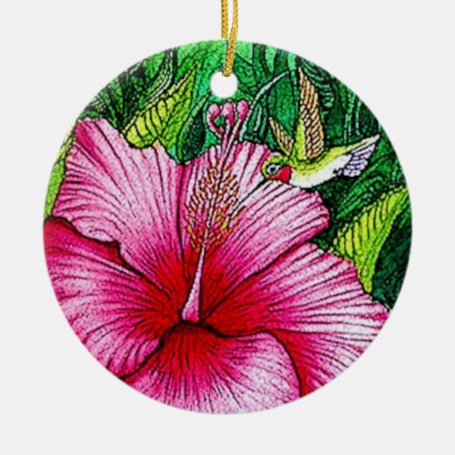 Hibiscus Hummingbird  Ceramic Ornament (Front)