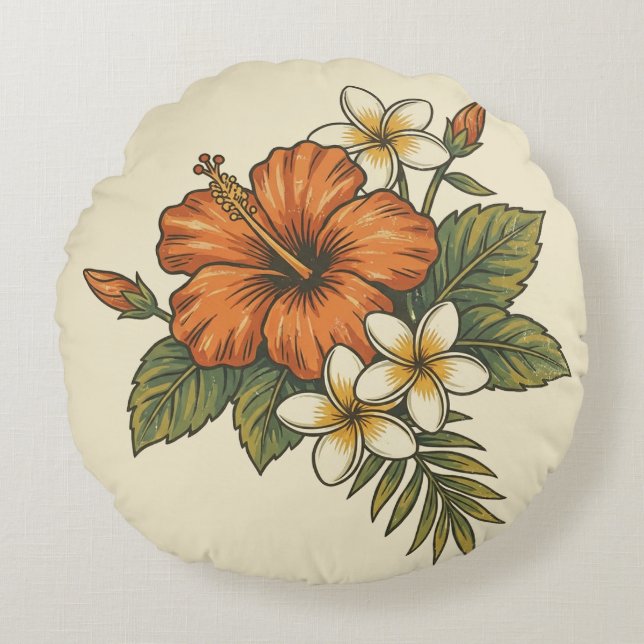Hibiscus Island Hawaiian Motif - Reversible Scenic Round Pillow (Front)