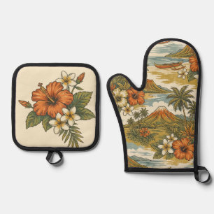 Hibiscus Island Hawaiian Scenic - Dusty Oven Mitt & Pot Holder Set