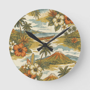 Hibiscus Island Hawaiian Scenic - Gold and Orange Round Clock