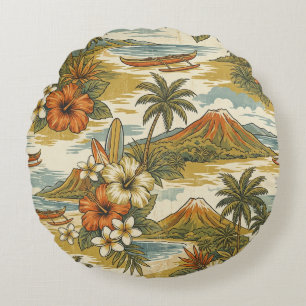 Hibiscus Island Hawaiian Scenic - Gold and Orange Round Pillow