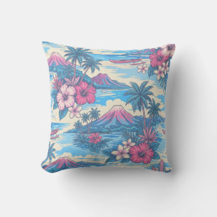 Hibiscus Island Hawaiian Scenic - Pink and Blue Outdoor Pillow