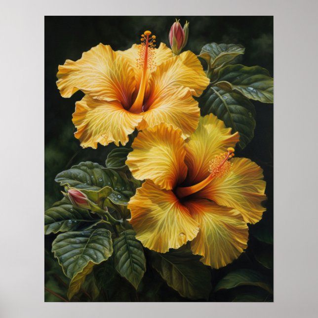Hibiscus Jaune Fleurs Art Imprimer Poster (Devant)