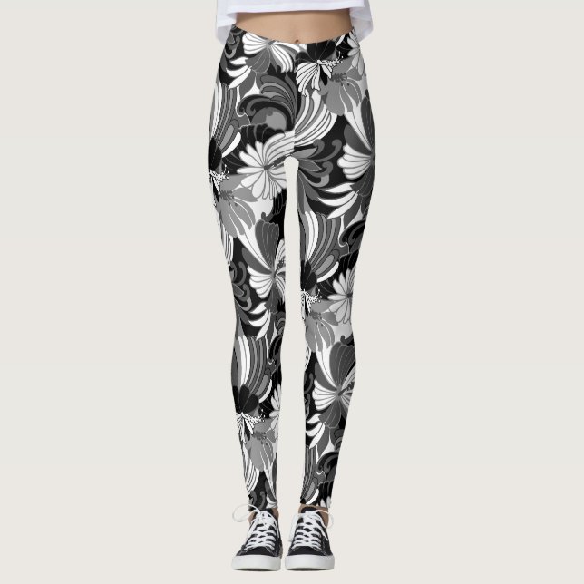 Hibiscus Jungle Hawaiian Tropical Floral Black Leggings (Front)