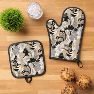 Hibiscus Jungle Hawaiian Tropical Floral Neutral Oven Mitt & Pot Holder Set