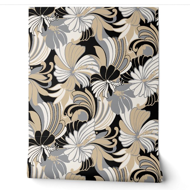 Hibiscus Jungle Hawaiian Tropical Floral - Neutral Wallpaper (Unrolling)