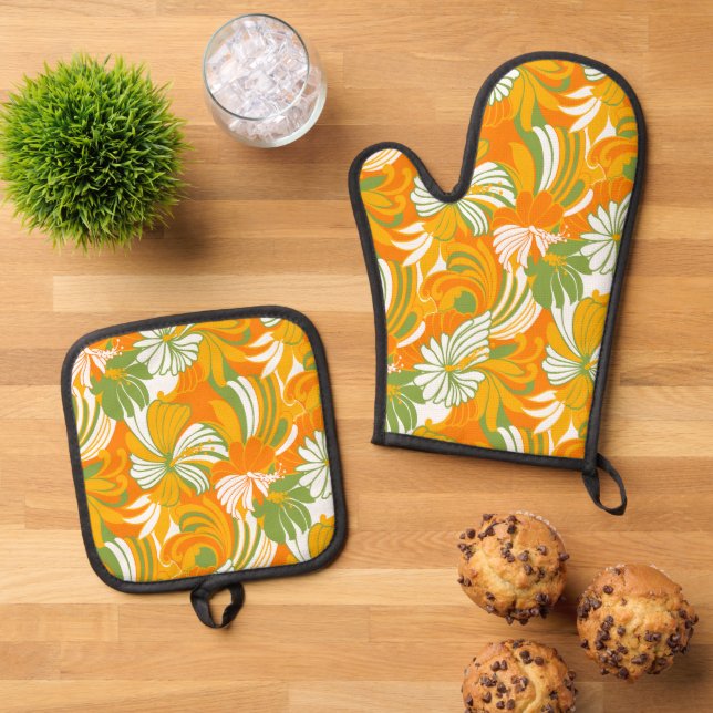 Hibiscus Jungle Hawaiian Tropical Floral Orange Oven Mitt & Pot Holder Set (Top Down)