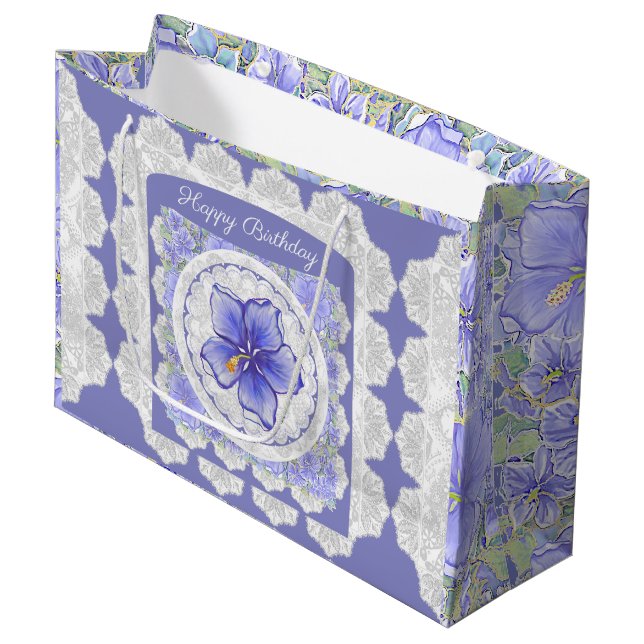 Hibiscus & lace BLUE Large Gift Bag (Front Angled)