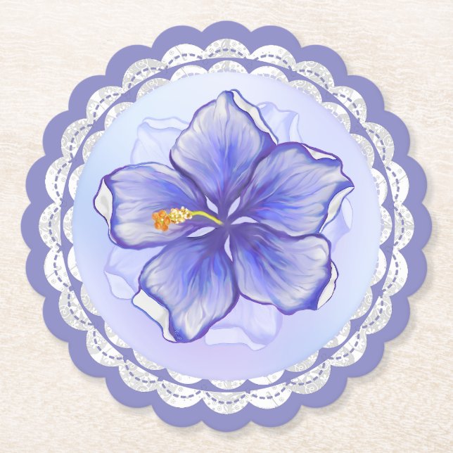 Hibiscus & lace BLUE Paper Coaster (Front)