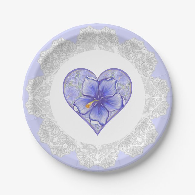 Hibiscus & lace BLUE Paper Plate (Front)