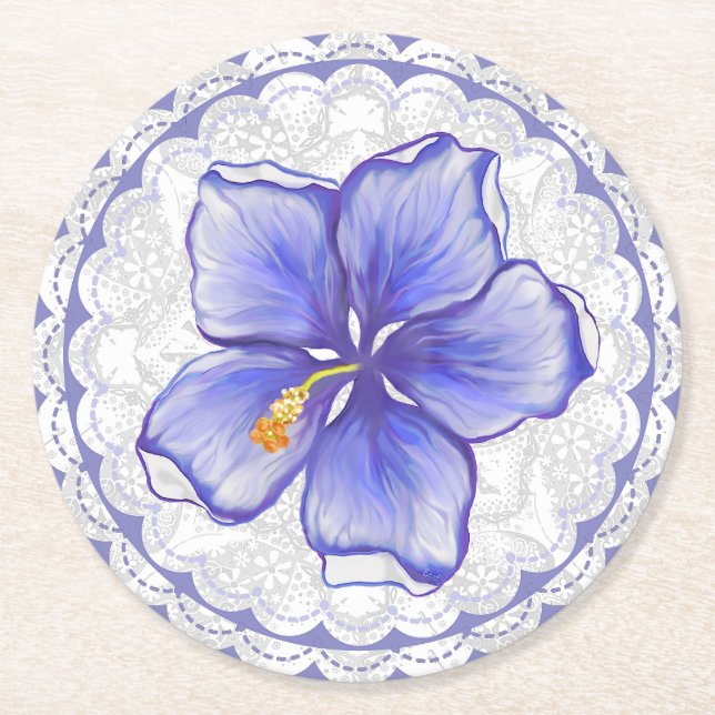 Hibiscus & lace BLUE Round Paper Coaster (Front)