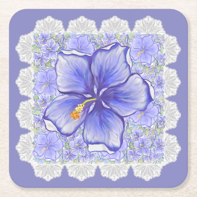 Hibiscus & lace BLUE Square Paper Coaster (Front)