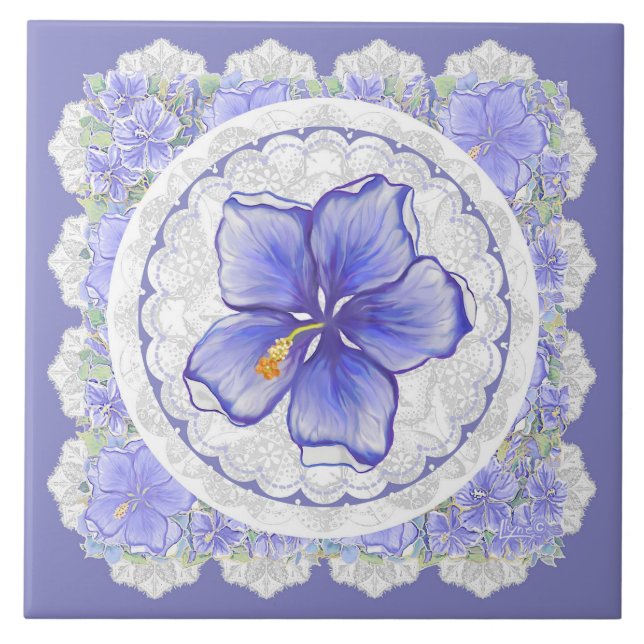 Hibiscus & lace BLUE Tile (Front)