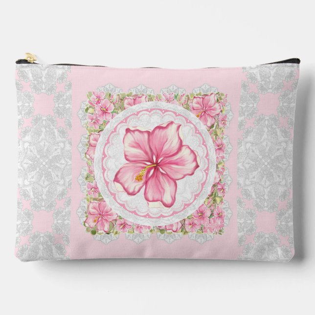 Hibiscus & lace PINK Accessory Pouch (Front)