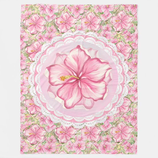 Hibiscus & lace PINK Fleece Blanket (Front)
