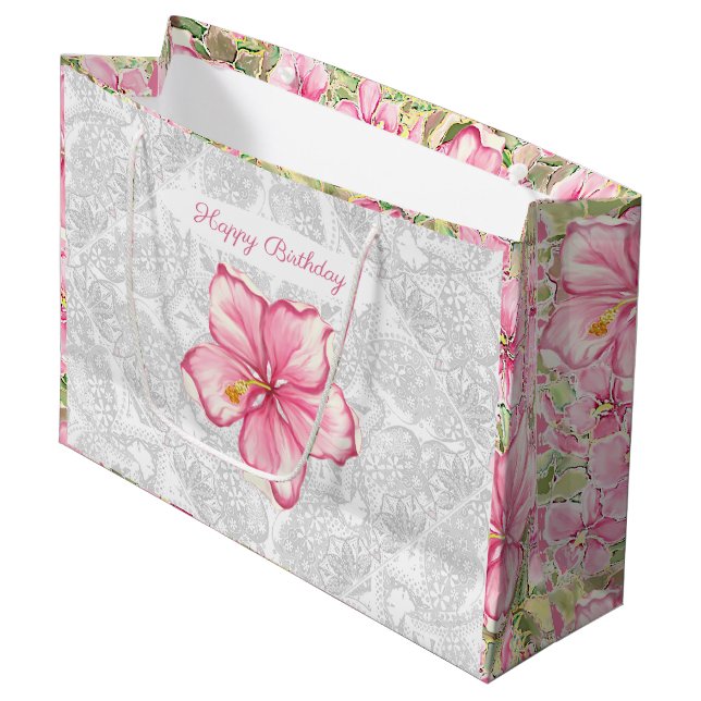 Hibiscus & lace PINK Large Gift Bag (Front Angled)
