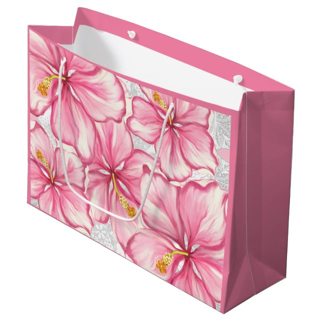 Hibiscus & lace PINK Large Gift Bag (Front Angled)