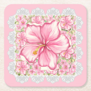 Hibiscus & lace PINK Square Paper Coaster