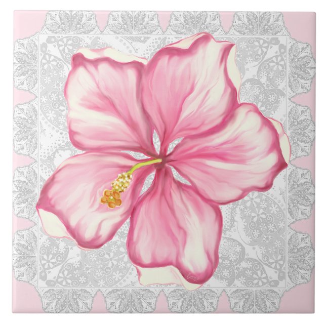 Hibiscus & lace PINK Tile (Front)