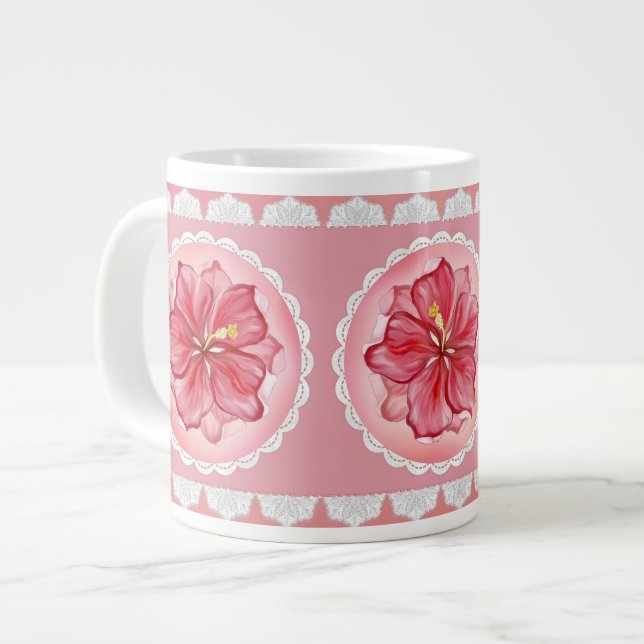 Hibiscus & lace RED Large Coffee Mug (Front Left)
