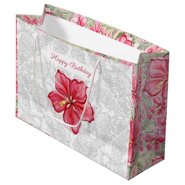 Hibiscus & lace RED Large Gift Bag (Front Angled)
