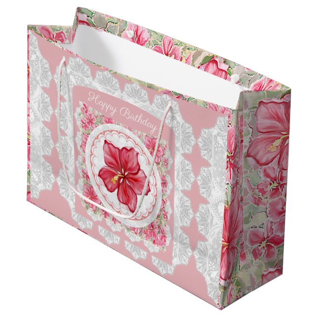 Hibiscus & lace RED Large Gift Bag (Front Angled)