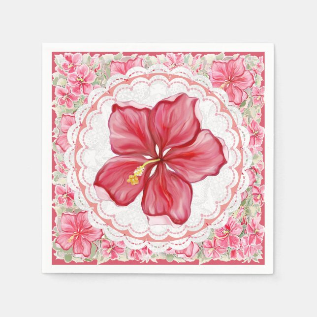Hibiscus & lace RED Napkin (Front)