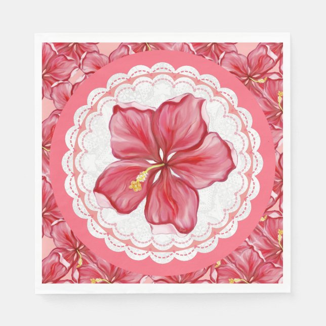 Hibiscus & lace RED Napkin (Front)