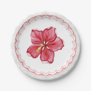 Hibiscus & lace RED Paper Plate
