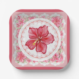 Hibiscus & lace RED Paper Plate