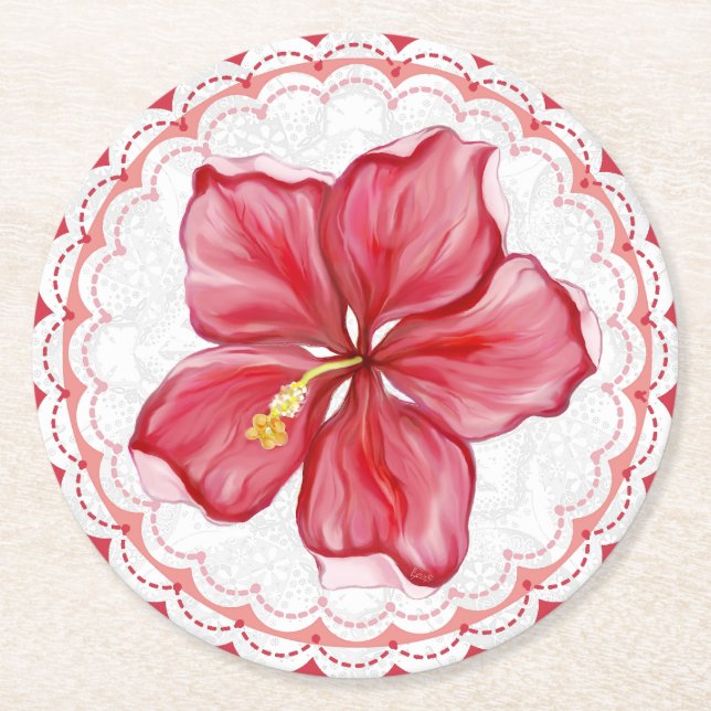 Hibiscus & lace RED Round Paper Coaster (Front)