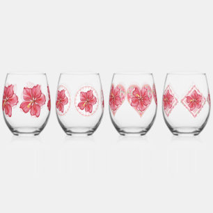 Hibiscus & lace RED Stemless Wine Glass
