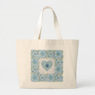 Hibiscus & lace TURQUOISE Large Tote Bag