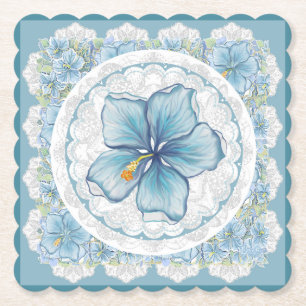 Hibiscus & lace TURQUOISE Paper Coaster