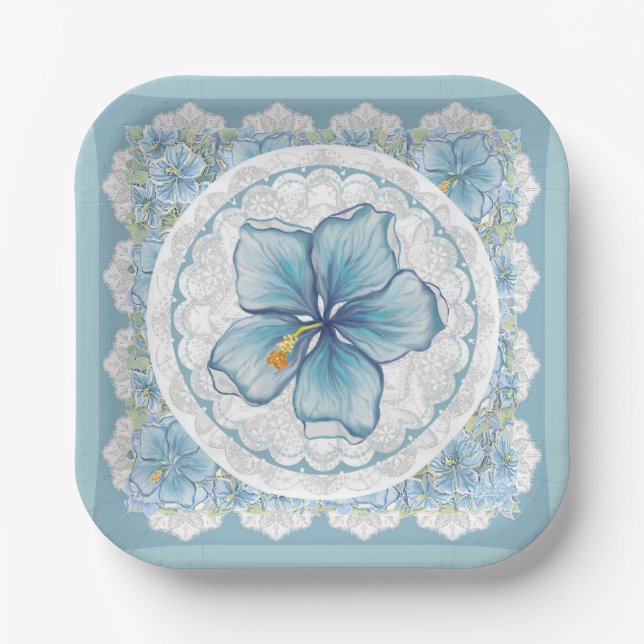 Hibiscus & lace TURQUOISE Paper Plate (Front)