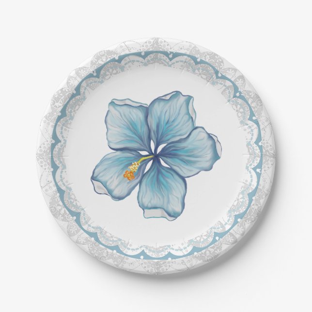 Hibiscus & lace TURQUOISE Paper Plate (Front)