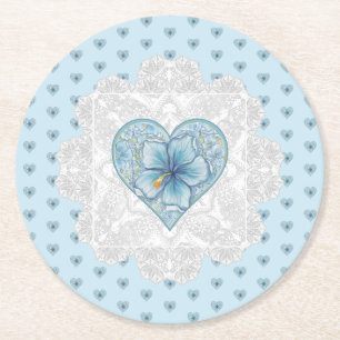 Hibiscus & lace TURQUOISE Round Paper Coaster