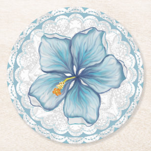 Hibiscus & lace TURQUOISE Round Paper Coaster