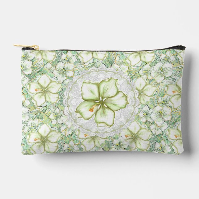 Hibiscus & lace WHITE Accessory Pouch (Front)