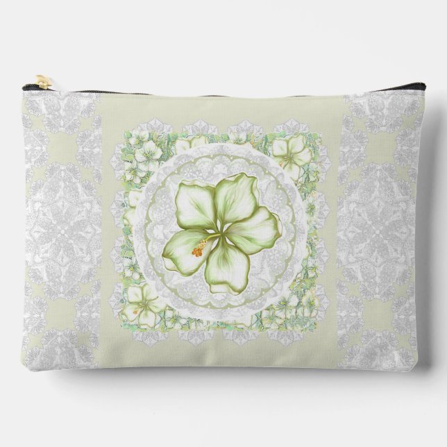 Hibiscus & lace WHITE Accessory Pouch (Front)