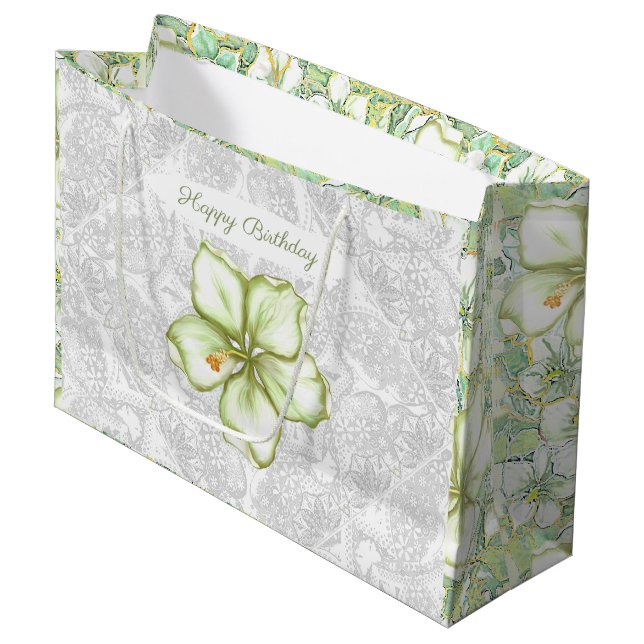 Hibiscus & lace WHITE Large Gift Bag (Front Angled)