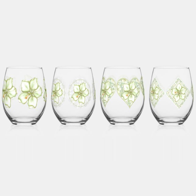 Hibiscus & lace WHITE Stemless Wine Glass (Front)